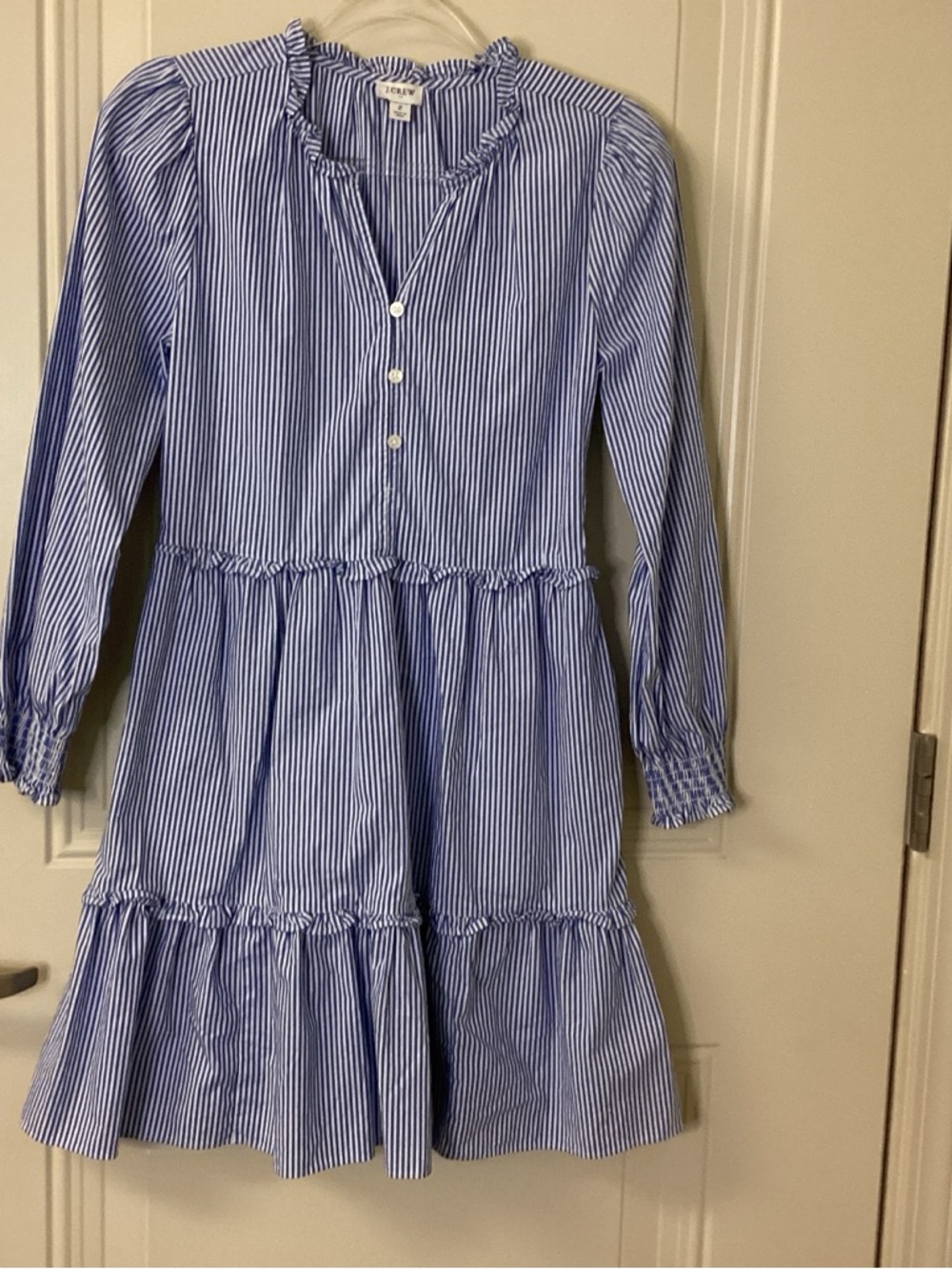 J. Crew Blue & White Striped Tiered Ruffle Long-Sleeve Dress SZ 2 EUC